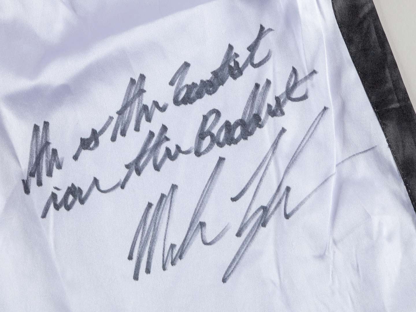Pair of black and white Iron Mike Tyson autographed boxing trunks. - Image 2 of 3