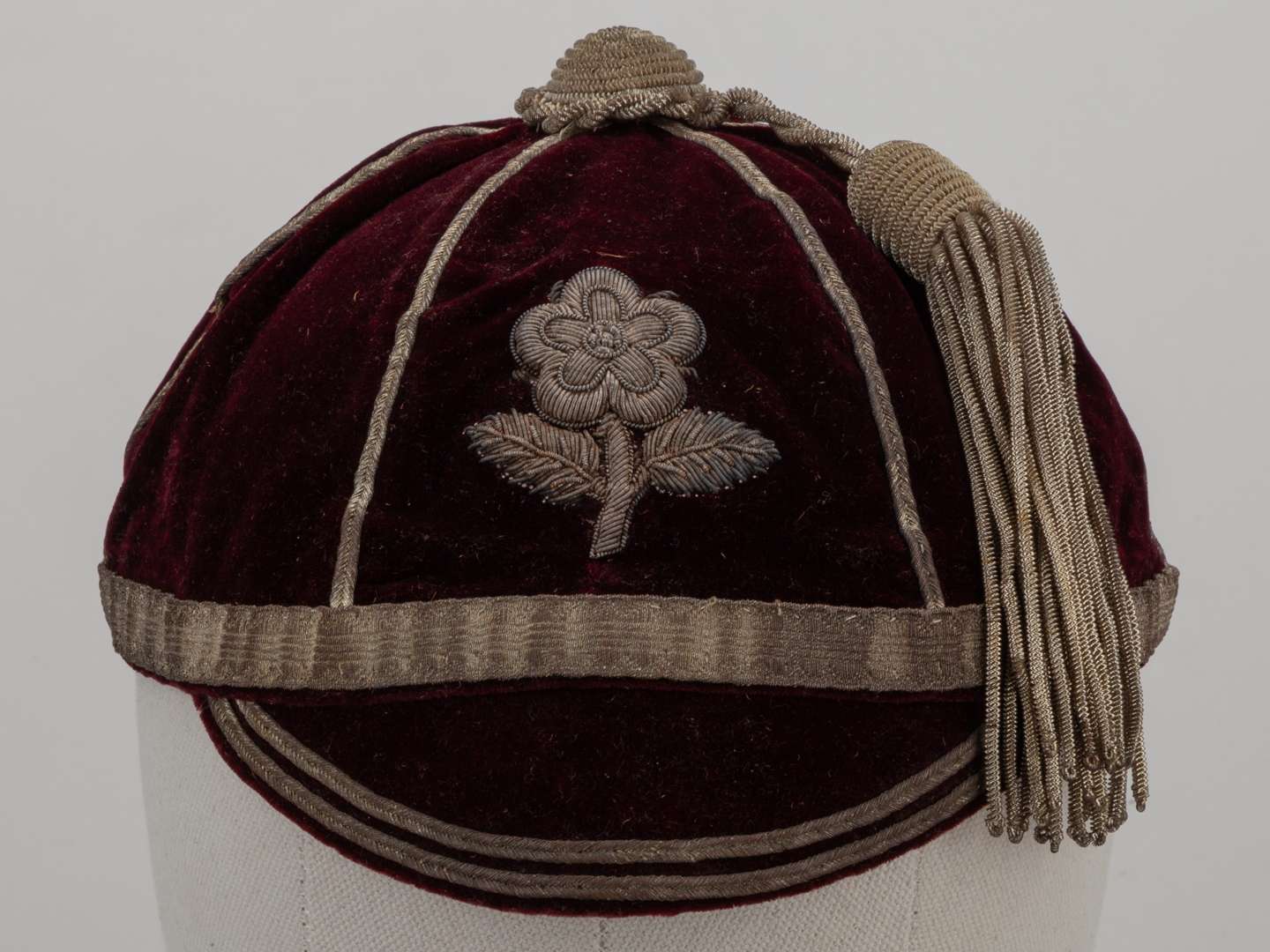 A maroon Rugby Union international cap, maroon velvet with silver tassel and embroidered crest - Image 2 of 4