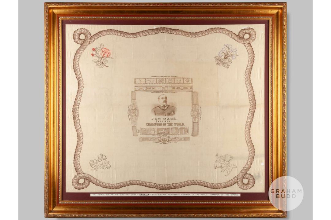 A silk scarf commemorating Jem Mace, printed with a central portrait of the retired champion boxer.