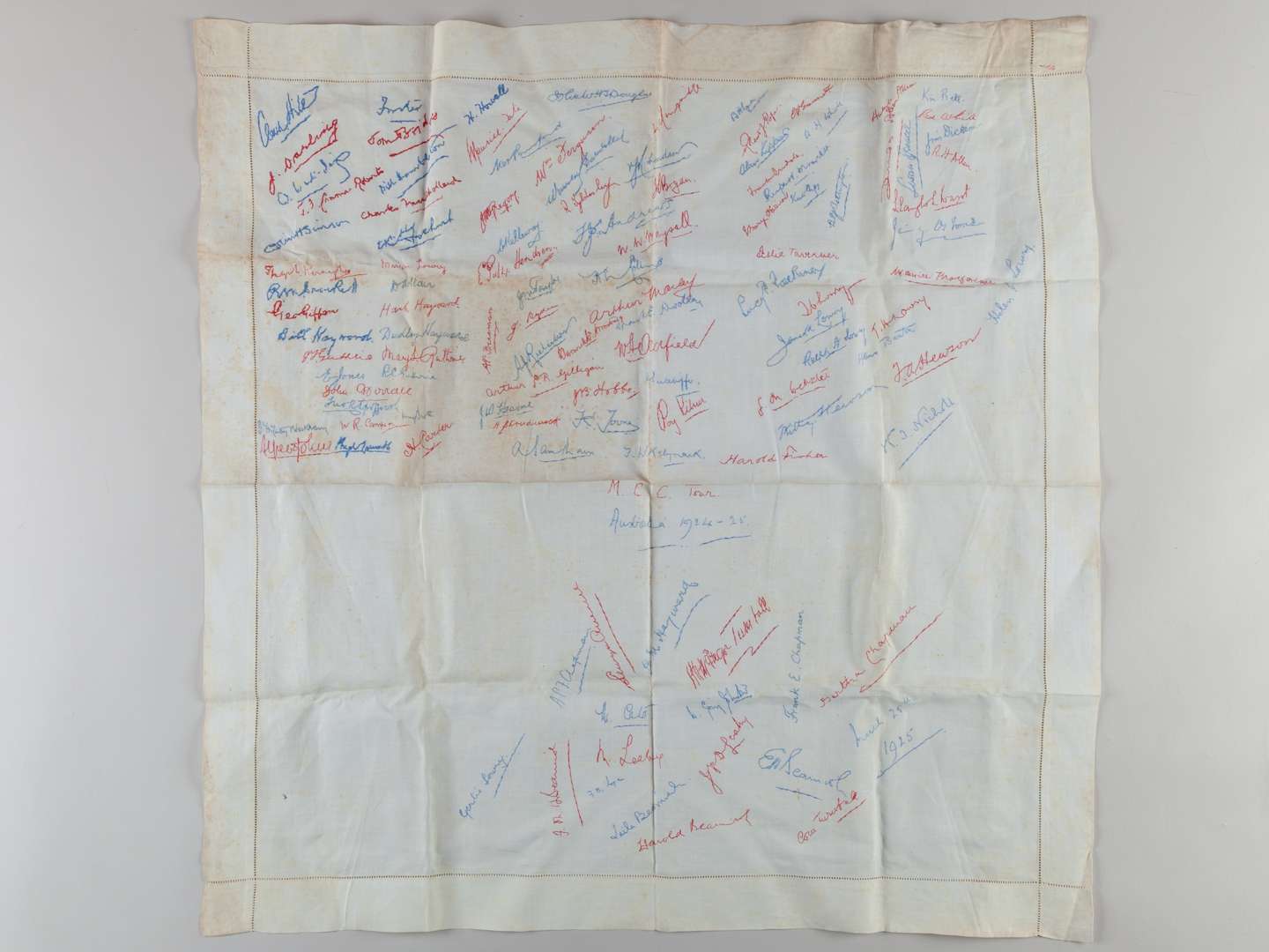 An autographed embroidered table cloth MCC Tour, 1924-25.