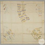 Rare 1905 cricket related embroidered autographed table cloth.