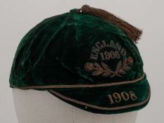 A green velvet England cap, 1908.