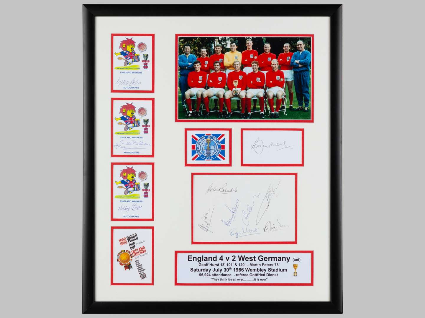 England 1966 World Cup winning team signed display featuring the autographs of all 11 players