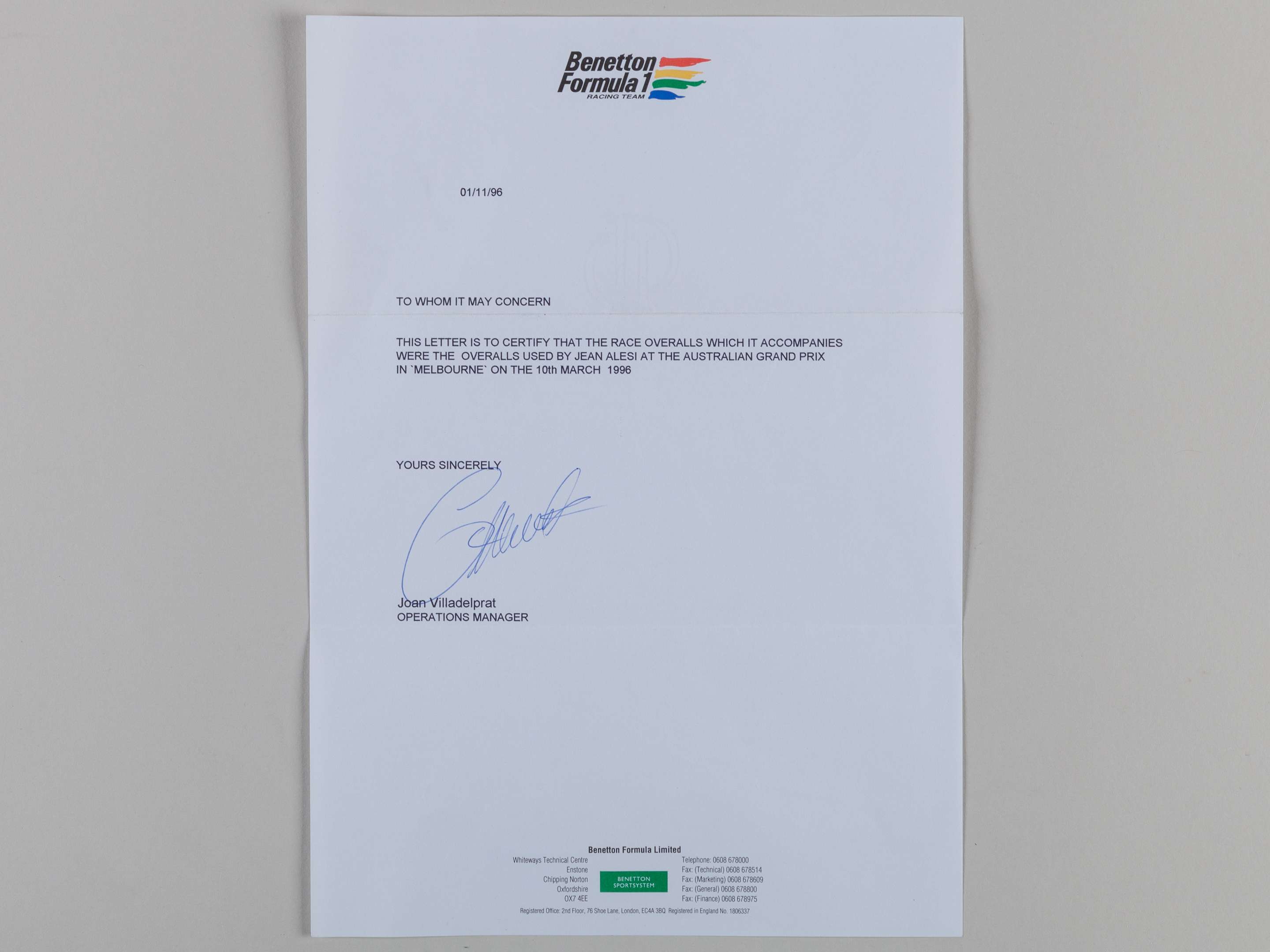 Jean Alesi 1996 Benetton race worn suit, by Sparco - Image 6 of 6
