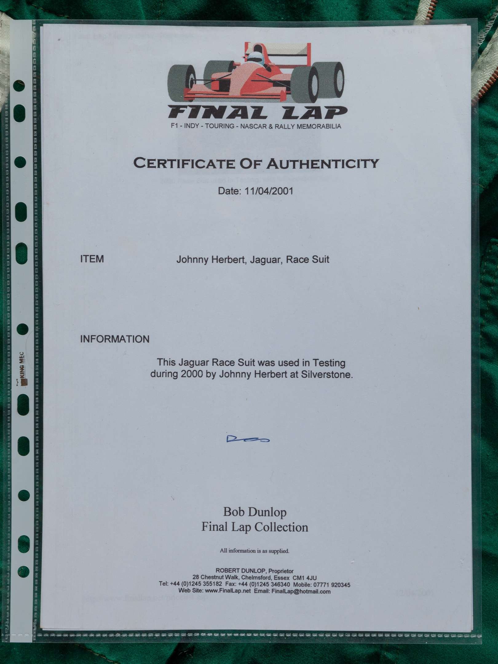 Johnny Herbert Jaguar test used race suit, by OMP - Image 7 of 7