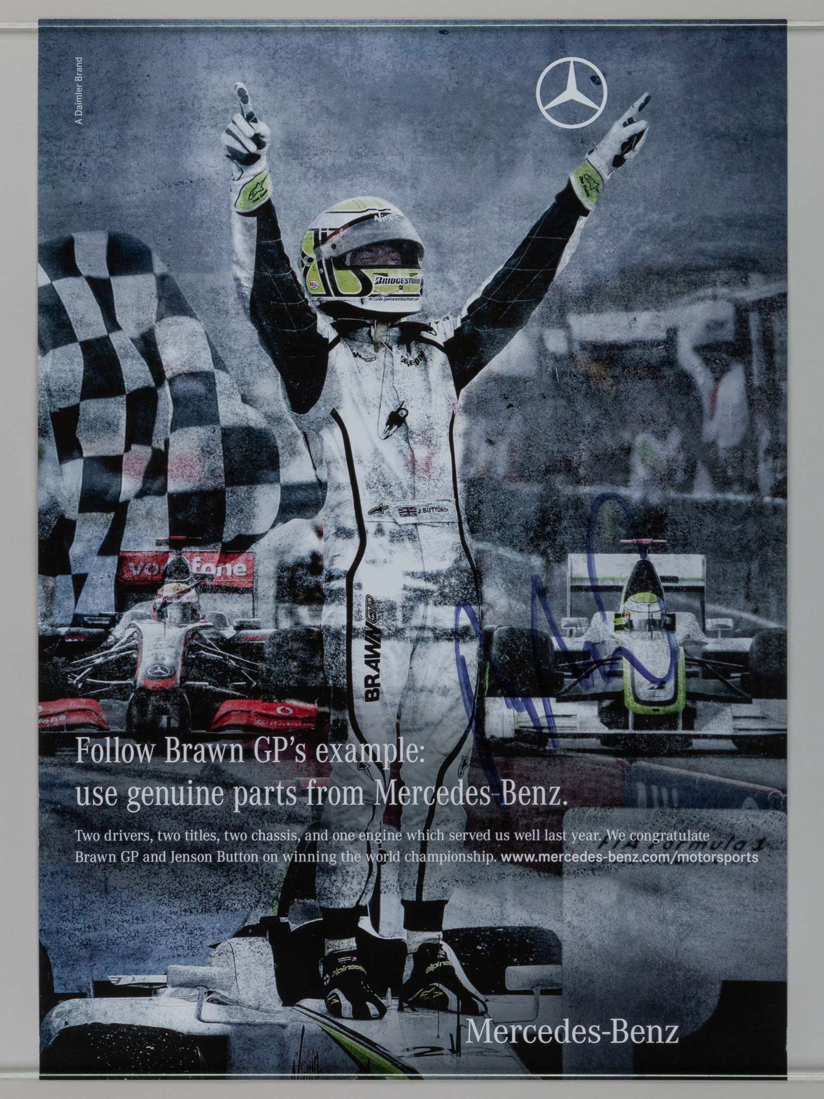 A signed Jenson Button, Rubens Barrichello and Ross Brawn poster. - Image 2 of 2