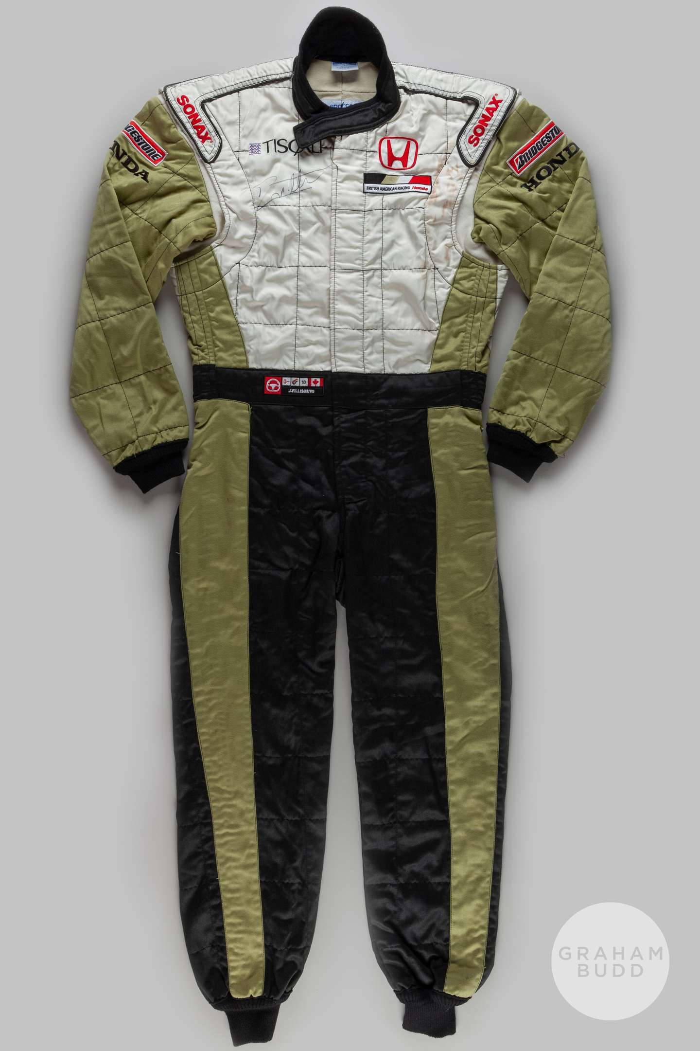 Jacques Villeneuve BAR Honda autographed race suit by Sparco.
