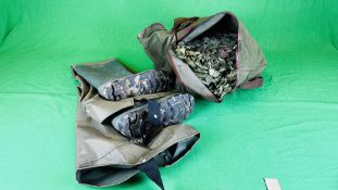 SIZE 11 WADERS PLUS GREEN CANVAS BAG AND CAMO NET.