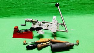 A GROUP OF RELOADING EQUIPMENT TO INCLUDE RELOADING ROLL TURNOVER MACHINE, WADD CUTTER,