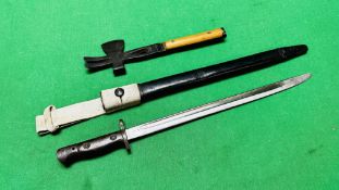 BRITISH 1907 BAYONET WITH SCABBARD ALONG WITH SNAIL BRAND CRATE HAMMER - NO POSTAGE OR PACKING