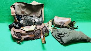 TWO CANVAS GAME BAGS + LEATHER CARTRIDGE BAG AND WAX LEGGINGS.