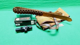 HAWKE SPORTS OPTICS RED-DOT SIGHT (BOXED), LEATHER 12 GAUGE CARTRIDGE BELT AND CANVAS GUN SLEEVE.