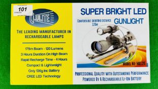 CLULITE SUPER BRIGHT LED GUN LIGHT MODEL No. MG125, BOXED WITH ACCESSORIES.