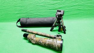A MIRADOR SPOTTING SCOPE COMPLETE WITH TRIPOD, CARRY CASE AND MONOPOD STICK.