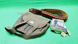 BARBOUR WAX SHOOTING BAG, TWO GOOD QUALITY LEATHER CARTRIDGE BELTS AND BARBOUR REPAIR KITS.