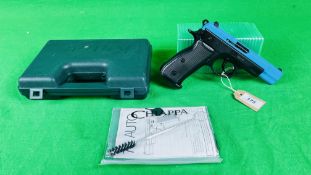 A BOXED CHIPPA 75 ARMEX 8MM BLANK FIRE PISTOL COMPLETE WITH INSTRUCTIONS AND CLEANING ROD - (ALL