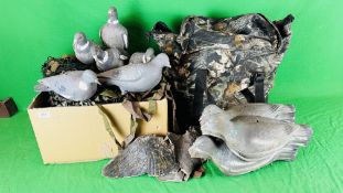 CAMO BAG CONTAINING APPROXIMATELY 24 DECOY PIGEONS + VARIOUS CAMO NETS