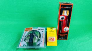A GROUP OF SHOOTING ACCESSORIES TO INCLUDE AS NEW PRO HUNT PASSIVE EAR DEFENDERS,