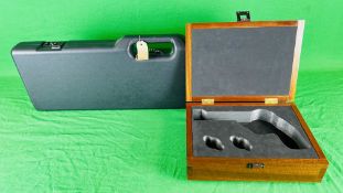 A GOOD QUALITY HAND CRAFTED PISTOL BOX ALONG WITH A NEGRINI HARD PLASTIC TRANSIT CASE