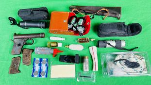 SMALL GROUP OF SHOOTING ACCESSORIES TO INCLUDE CLEANING EQUIPMENT, PINTY SIGHT,