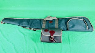 A GOOD QUALITY GREEN CANVAS GUN SLEEVE AND GOOD QUALITY GREEN CANVAS CARTRIDGE BAG.