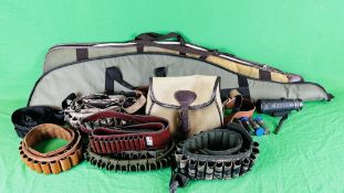 A GROUP OF SHOOTING ACCESSORIES TO INCLUDE TWO RIFLE BAGS, CANVAS AND LEATHER CARTRIDGE BAG,