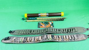 A GROUP OF SHOOTING ACCESSORIES TO INCLUDE TWO 12G CARTRIDGE BELTS,