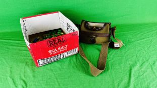 A CANVAS CARTRIDGE BAG CONTAINING SIXTY-FOUR 12 GAUGE CARTRIDGES,