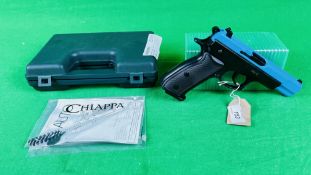 A BOXED CHIPPA 75 ARMEX 8MM BLANK FIRE PISTOL COMPLETE WITH CLEANING ROD AND INSTRUCTIONS - (ALL