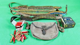 A GROUP OF VINTAGE CARTRIDGE BELTS AND CARTRIDGES INCLUDING PRIMAX CARTRIDGES, ELEY FOURTEN,