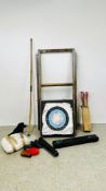 A GROUP OF ARCHERY EQUIPMENT TO INCLUDE BICKERSTAFFE LONG BOW, TARGET ARROWS, QUIVER, NET, ETC.