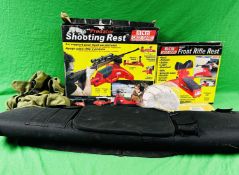 TWO NTN GUN RESTS INCLUDING FRONT RIFLE REST AND SHOOTING REST, CANVAS RIFLE BAG,