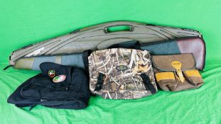 A FLAMBEAU HARD TRANSIT CASE ALONG WITH A NAPIER GREEN GUN SLIP, FLAMBEAU GAME BAG,