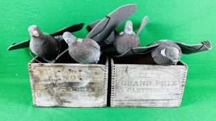 4 PIGEON DECOYS AND 2 VINTAGE CRATES INC ELEY & KYNOCH.