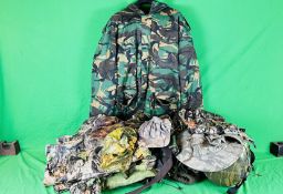 A GROUP OF CAMO CLOTHING TO INCLUDE JACKETS, TROUSERS, HATS, SUIT ETC.