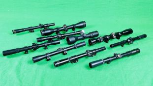 A GROUP OF 10 VARIOUS RIFLE SCOPES TO INCLUDE AGS, SMK, NIKKO, WEBLEY, PR OPTIC,