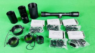 GROUP OF SCOPE AND SCOPE ACCESSORIES TO INCLUDE HAWKE SPORT HD 4X32 SCOPE, SCOPE MOUNTS, COVERS,