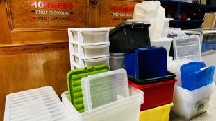 AN EXTENSIVE GROUP OF ASSORTED PLASTIC STORAGE CONTAINERS + A SIX DRAWER STORAGE CHEST.