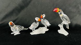 3 X BOXED SWAROVSKI CRYSTAL ORNAMENTS TO INCLUDE PUFFINS A 7621 NR 000 008,