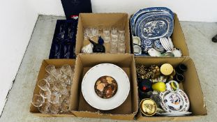 5 X BOXES OF ASSORTED HOUSEHOLD SUNDRIES AND GLASSWARE TO INCLUDE 12 STEMMED CHAMPAGNE FLUTES,