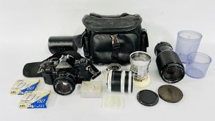 CANON A1 CAMERA WITH VARIOUS LENSES INCLUDING SCHNEIDER-KREUZNACH 135MM, SCHNEIDER KREUZNACH 50MM,
