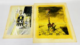 2 X UNFRAMED MID 20 CENTURY SURREALIST PAINTINGS.