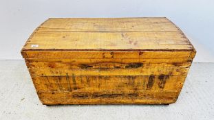 A RUSTIC WAXED PINE TRUNK WITH DOMED LID, W 94CM X D 49CM X H 53CM.