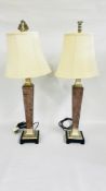 A PAIR OF MODERN TABLE LAMPS WITH SQUARE TAPERED SUPPORTS - SOLD AS SEEN.