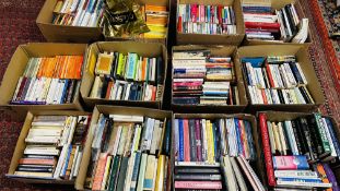 12 X BOXES ASSORTED BOOKS AS CLEARED TO INCLUDE COOKERY, MODERN NOVELS AND REFERENCE.