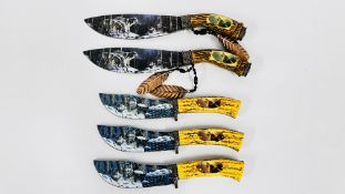 A GROUP OF 5 DECORATIVE KNIVES WITH HORN STYLE HANDLES DEPICTING WOLVES - NO POSTAGE OR PACKING.