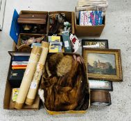 5 X BOXES OF ASSORTED COLLECTIBLES TO INCLUDE EPHEMERA, BOOKS AND COINAGE, FUR COATS,