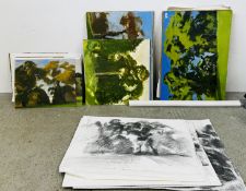 LARGE COLLECTION OF MIXED ARTWORK MANY OIL ON BOARD, CHARCOAL, ETC, LANDSCAPE SCENES.