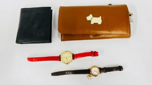 A RADLEY BROWN LEATHER PURSE AND A BOSS WALLET ALONG WITH TWO DESIGNER WRIST WATCHES MARKED