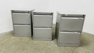 3 BISLEY STEEL GREY FINISH 2 DRAWER FILING CABINETS WITH SUSPENSION FILES AND KEYS.